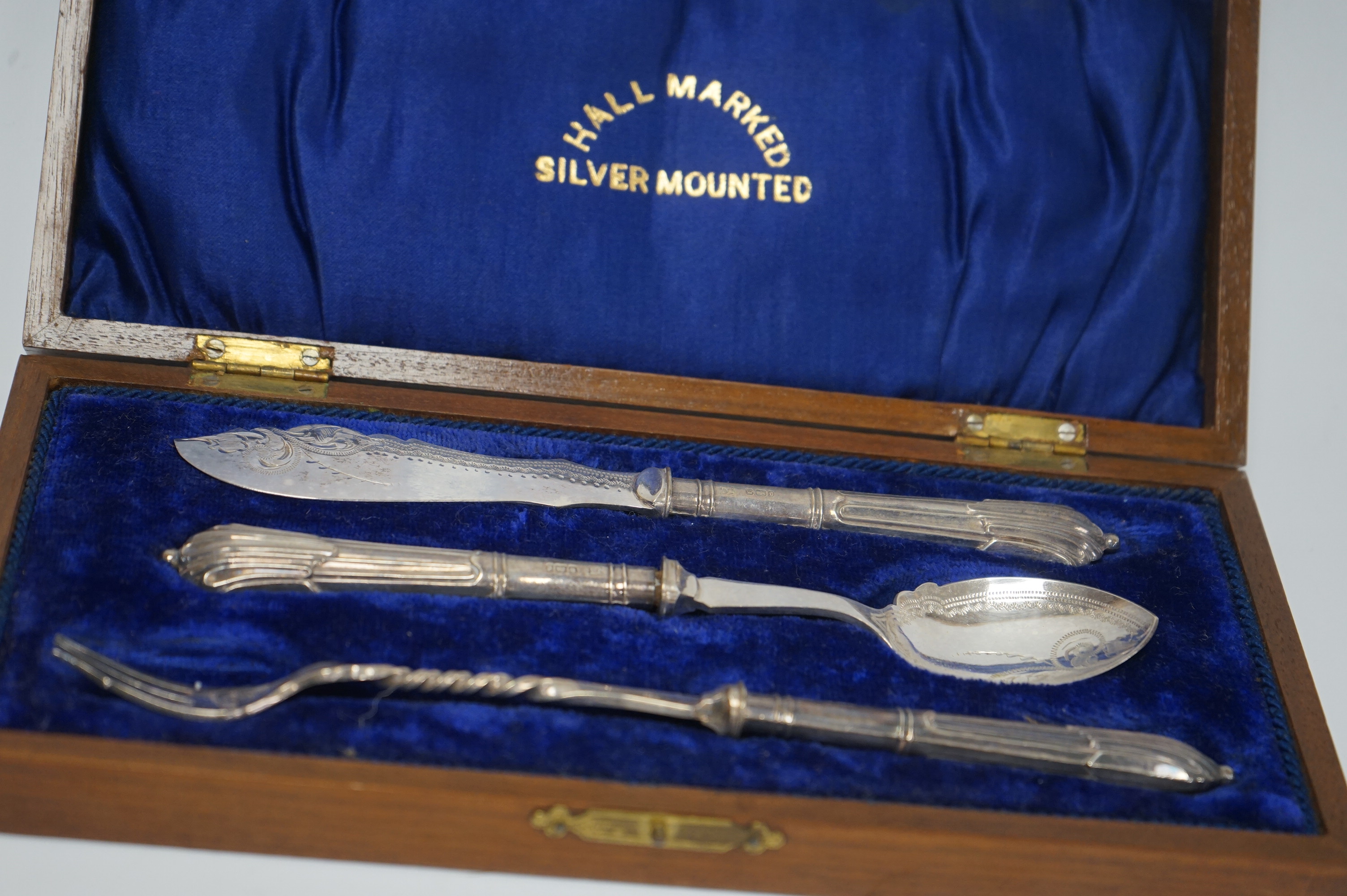 A cased Edwardian three piece silver handled plated cutlery set, comprising, a pickle fork, a preserve spoon and a butter knife, John Batt & Co Ltd, Sheffield, 1901. Condition - fair to good.